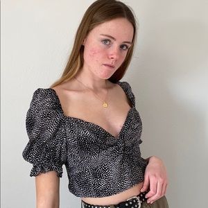B&w spotted blouse, crosses in middle